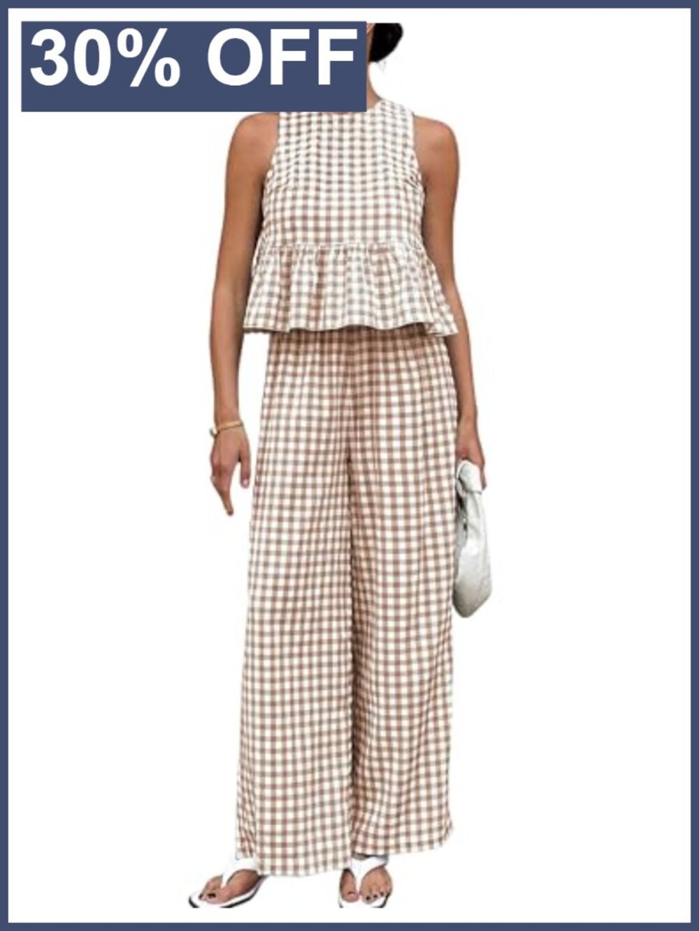 Cotton Plaid Tank Top & Wide Leg Pants Matching Set Sleeveless Two Piece